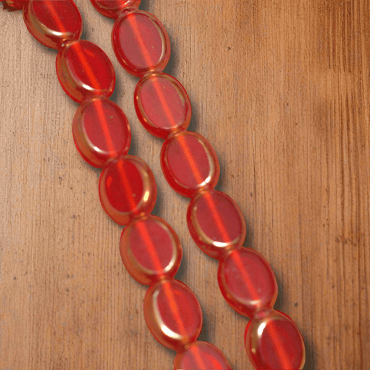 1 String 12x10mm Window Metallic Lining Flat Oval Beads Red - Red / Glass / Oval