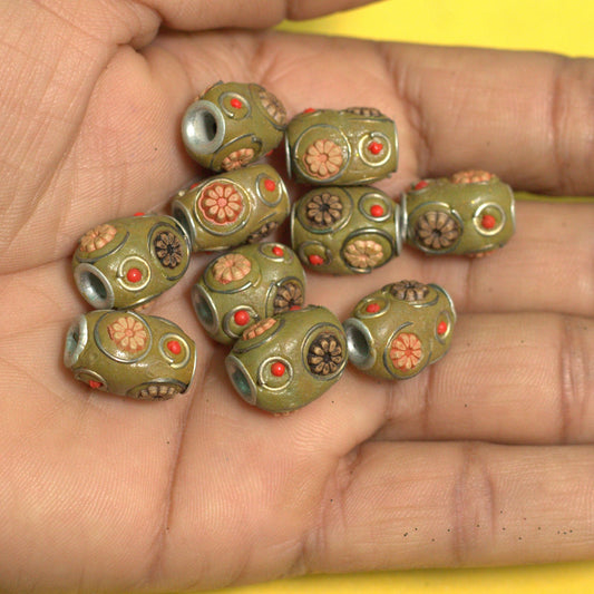 10 Pcs. Lac Oval Beads Green Olive 15x12mm - Olive / Lac / Oval