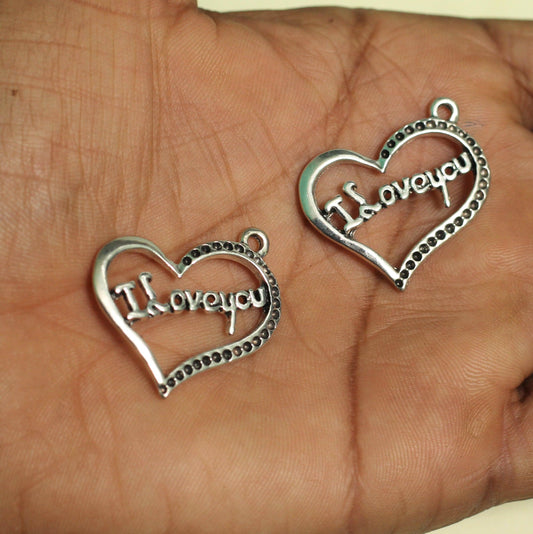 Alloy Pendant  Heart with I Love You Antique Silver Rhinestone Settings 30x22x2mm - 2 Pcs [ Rs 32.5 / Piece ]
