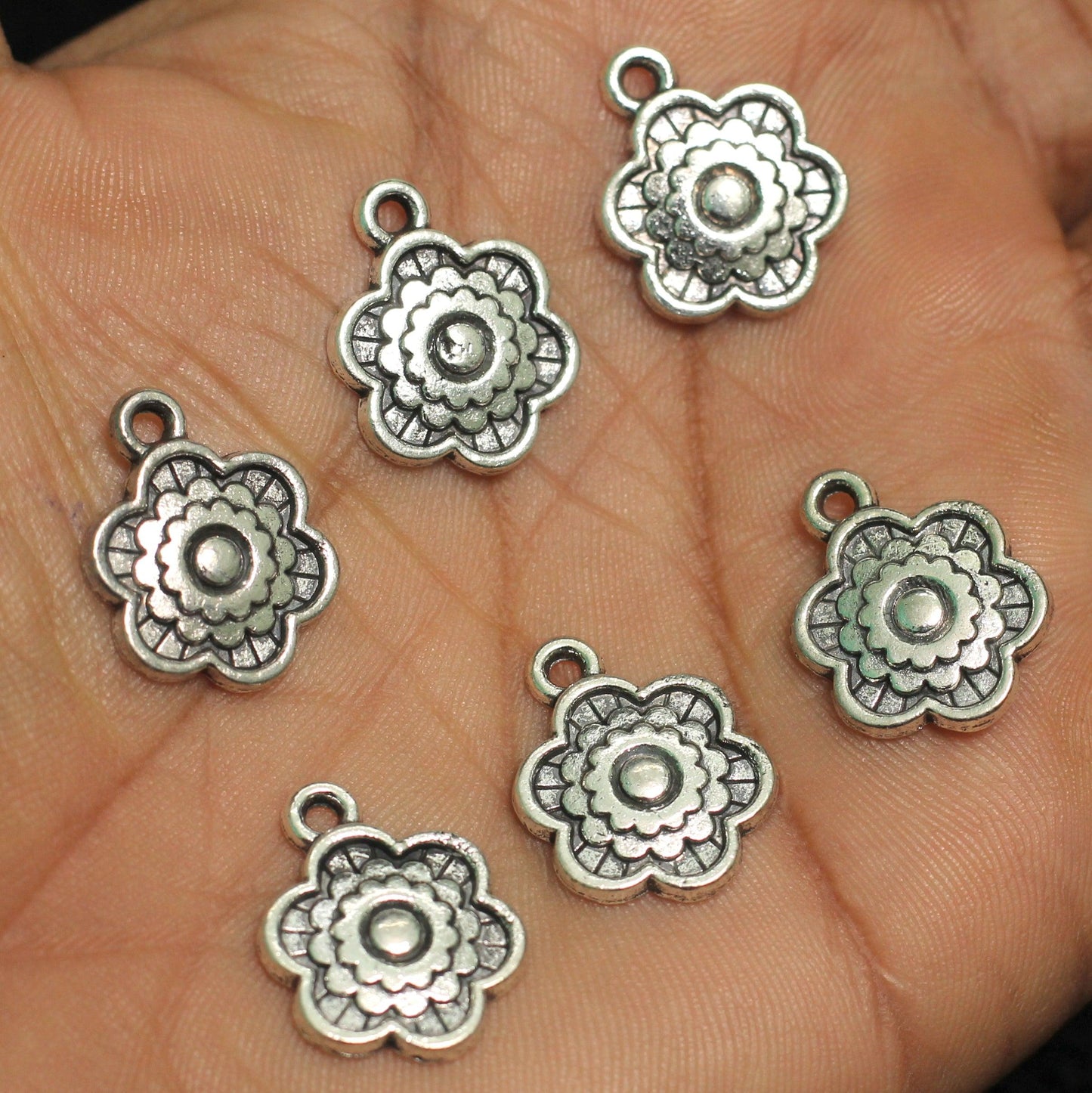 15mm German Silver Flower Charms - Silver / German Silver / 10 Pcs [ Rs 12.5 / Piece ]