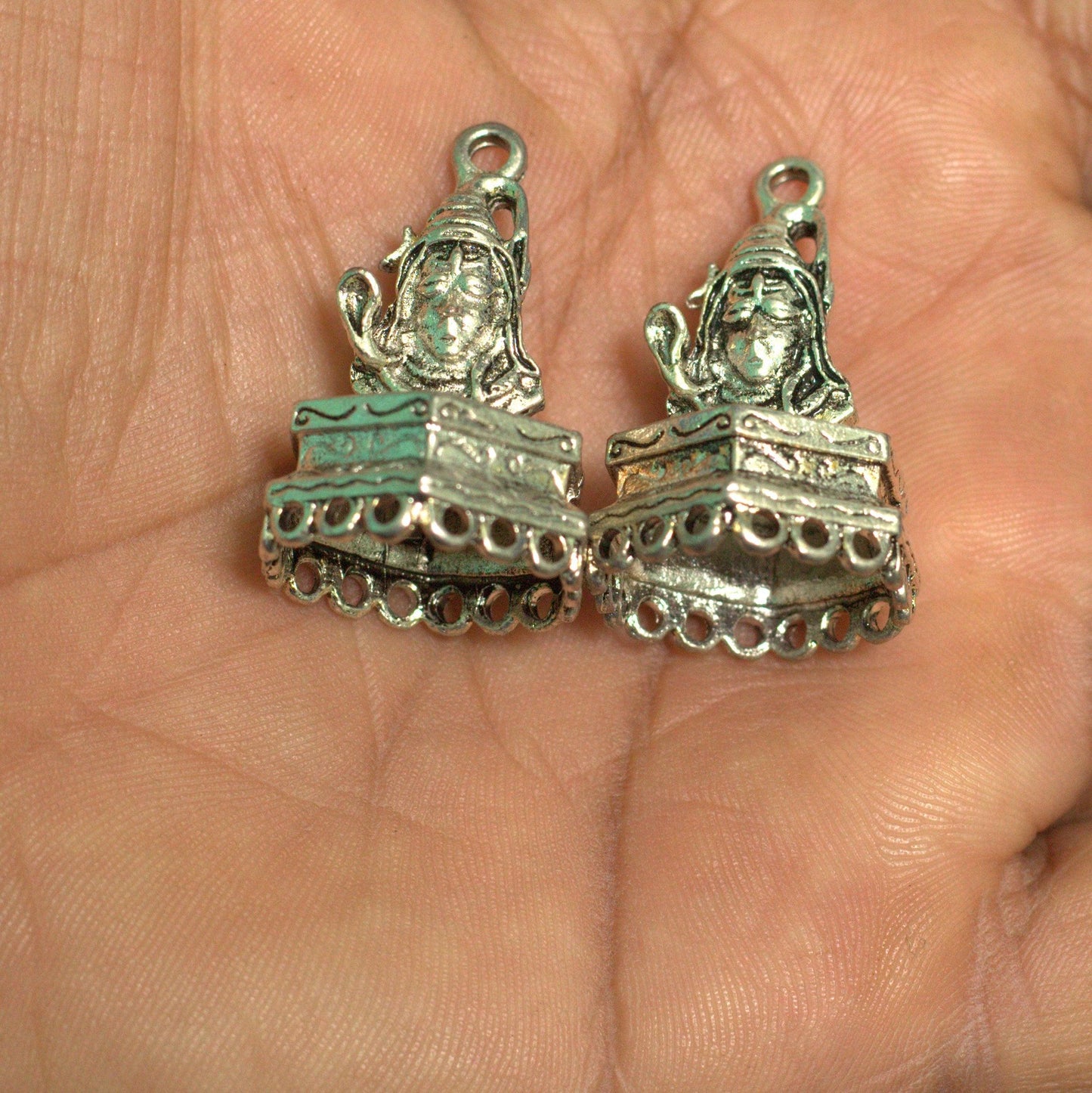 2 Pairs, 31x16mm German Silver Lord Shiva Jhumkis Components - Silver / German Silver