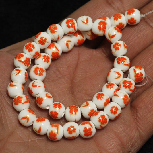 1 String 8mm Premium Ceramic Beads - Round / Orange / Ceramic