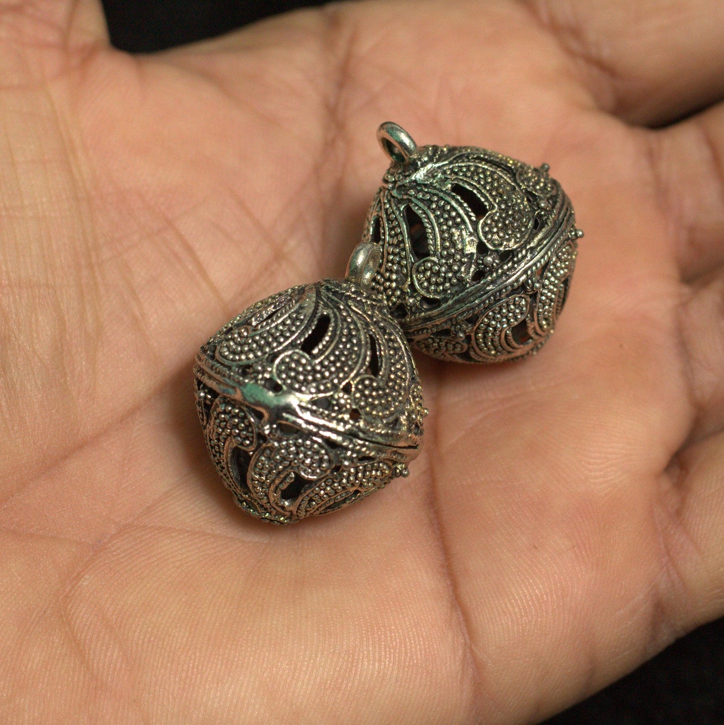 2 Pcs German Silver Ghungroo Ball Beads 30x25mm - Silver / German Silver / Round