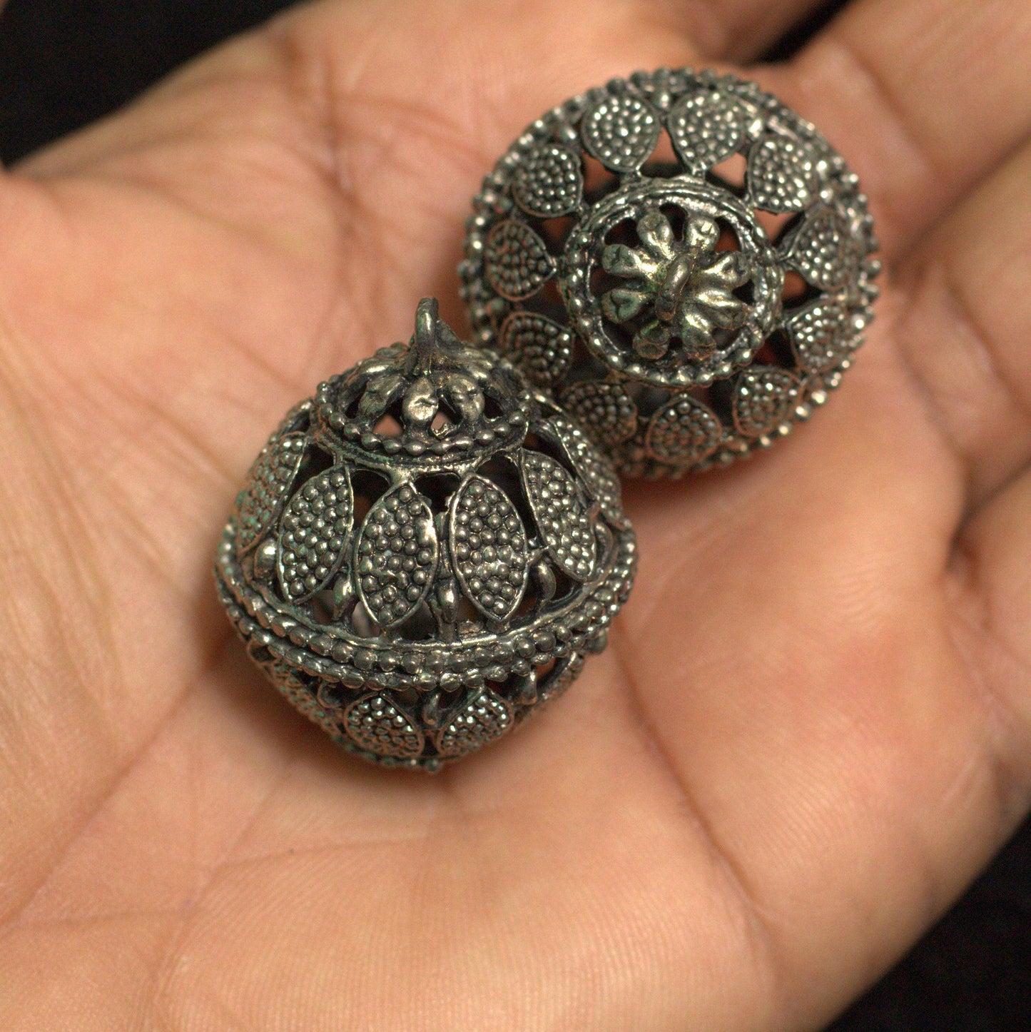 2 Pcs German Silver Ghungroo Ball Beads 35x29mm - Silver / German Silver / Round