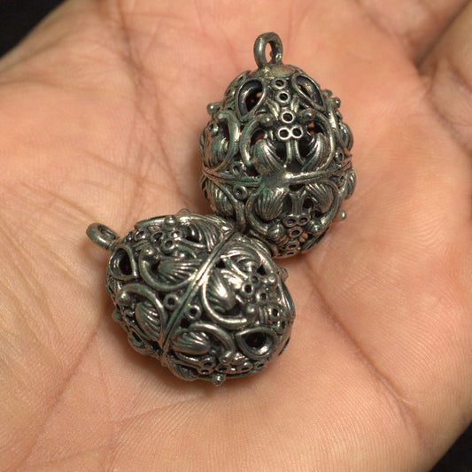 German Silver Ghungroo Ball Beads 31x21mm - Silver / Round / 2 Pcs