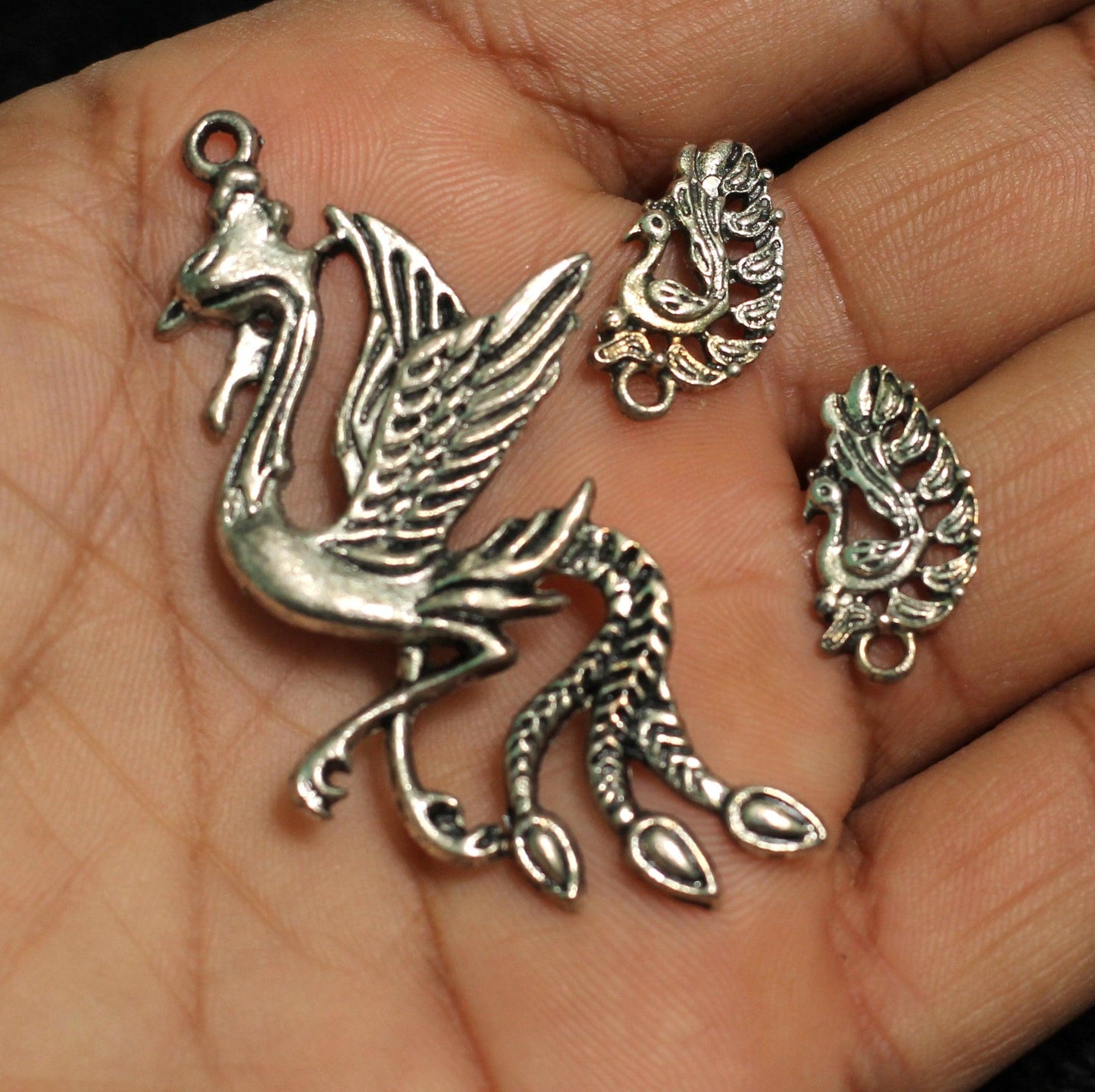 1 Set, German Silver Peacock Pendant with Earrings - Silver / German Silver
