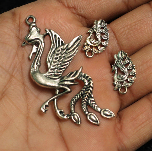 1 Set, German Silver Peacock Pendant with Earrings - Silver / German Silver