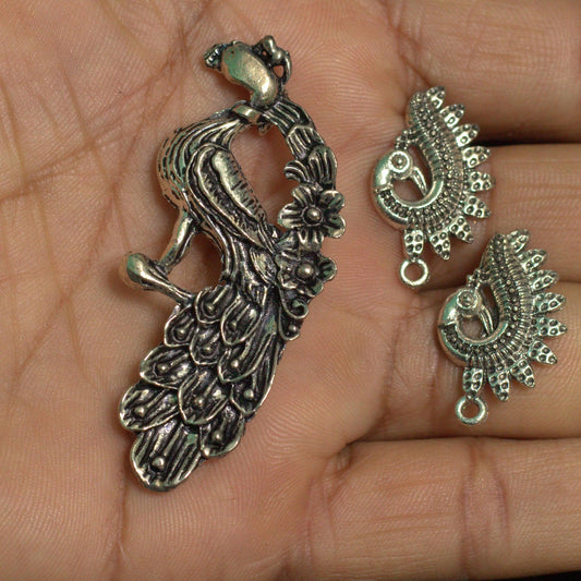 1 Set, German Silver Peacock Pendant with Earrings - Silver / German Silver