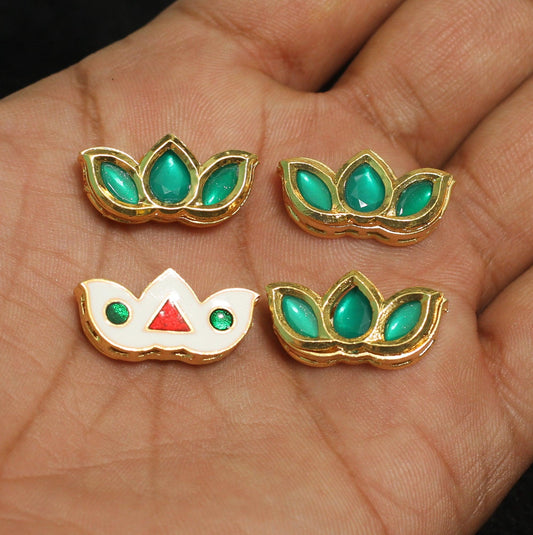 12x24mm, Kundan Spacer Connectors Golden - Green / Kundan / 4 Pcs