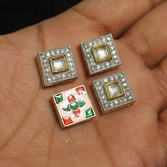 14mm, Kundan Connectors Square Golden - Golden / Kundan / 4 Pcs