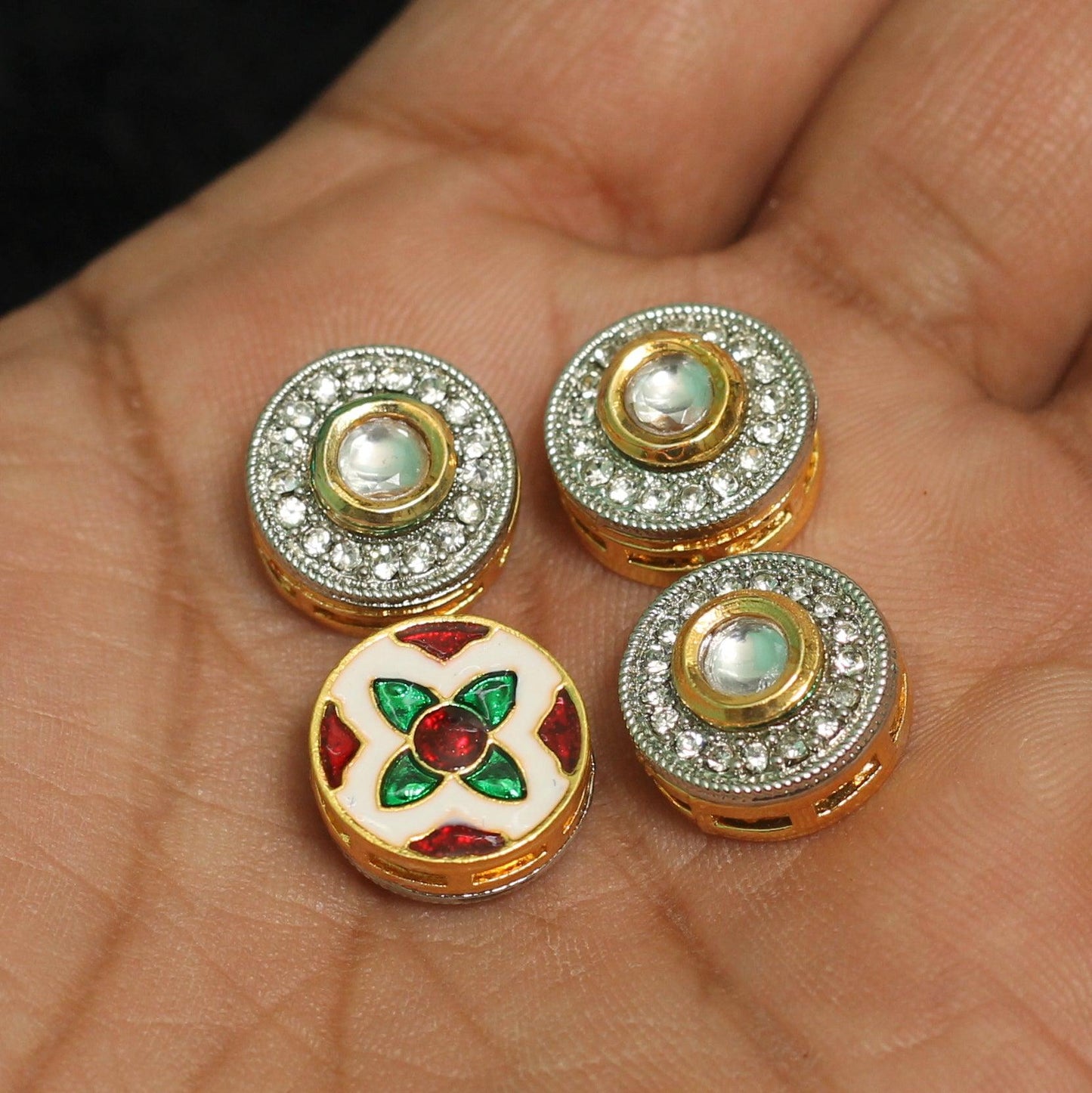14mm, Kundan Connectors Round Golden - Golden / Kundan / 4 Pcs