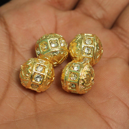 4 Pcs, 13mm, Kundan Spacer Beads Golden - Golden / Kundan