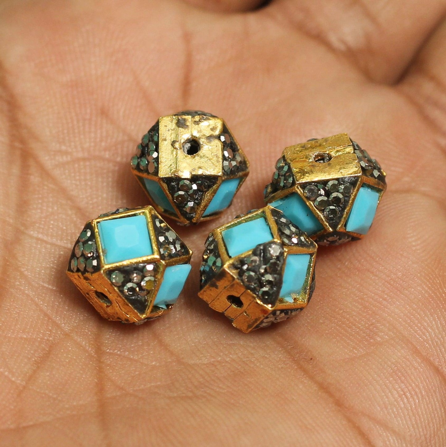 4 Pcs, 10x12mm, Kundan Spacer Beads - Blue / Kundan