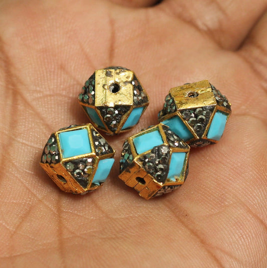 4 Pcs, 10x12mm, Kundan Spacer Beads - Blue / Kundan