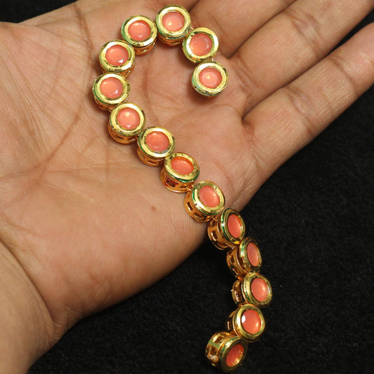15 Pcs, 10mm Meenakari Kundan Kadi Chain Golden - Peach / Kundan / Round
