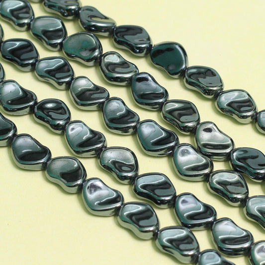1 String 17X12mm Glass Fire Polish Heart Beads Black Gun Metal - Black / Glass / Heart
