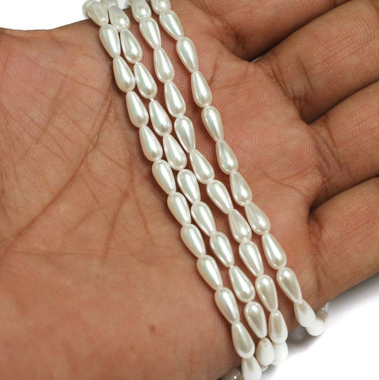 1 String, White Japanese Drop Acrylic Pearls Beads - White / 8x4mm / Drop