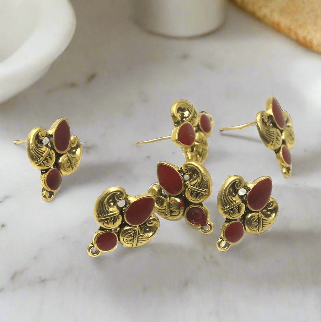 4 Pcs, 18x19mm German Silver Meenakari Earrings ComponentsRed - Golden / German Silver