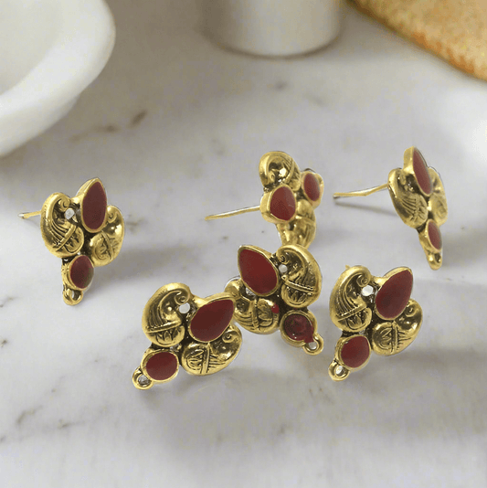 4 Pcs, 18x19mm German Silver Meenakari Earrings ComponentsRed - Golden / German Silver