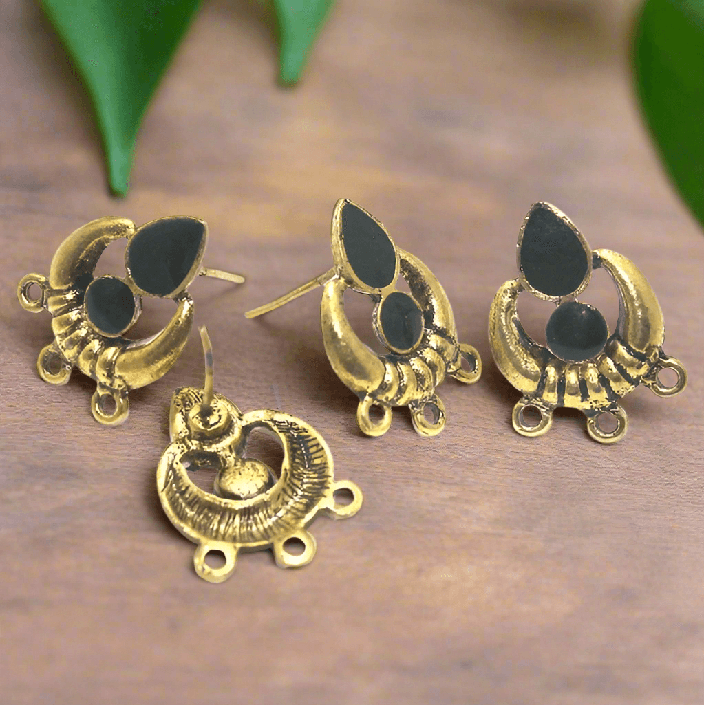 4 Pcs, 18x19mm German Silver Meenakari Earrings Components Black - Golden / German Silver