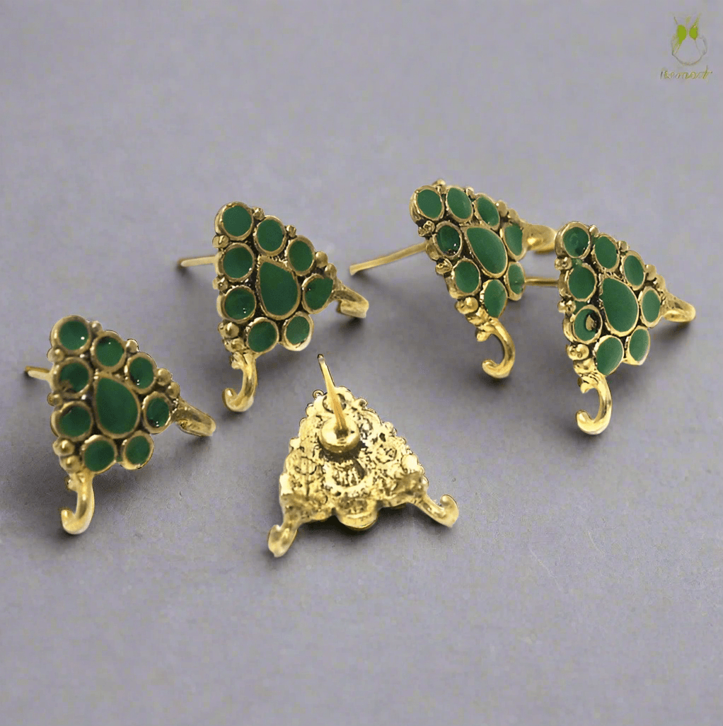 4 Pcs, 18x19mm German Silver Meenakari Earrings Components Parrot Green - Golden / German Silver