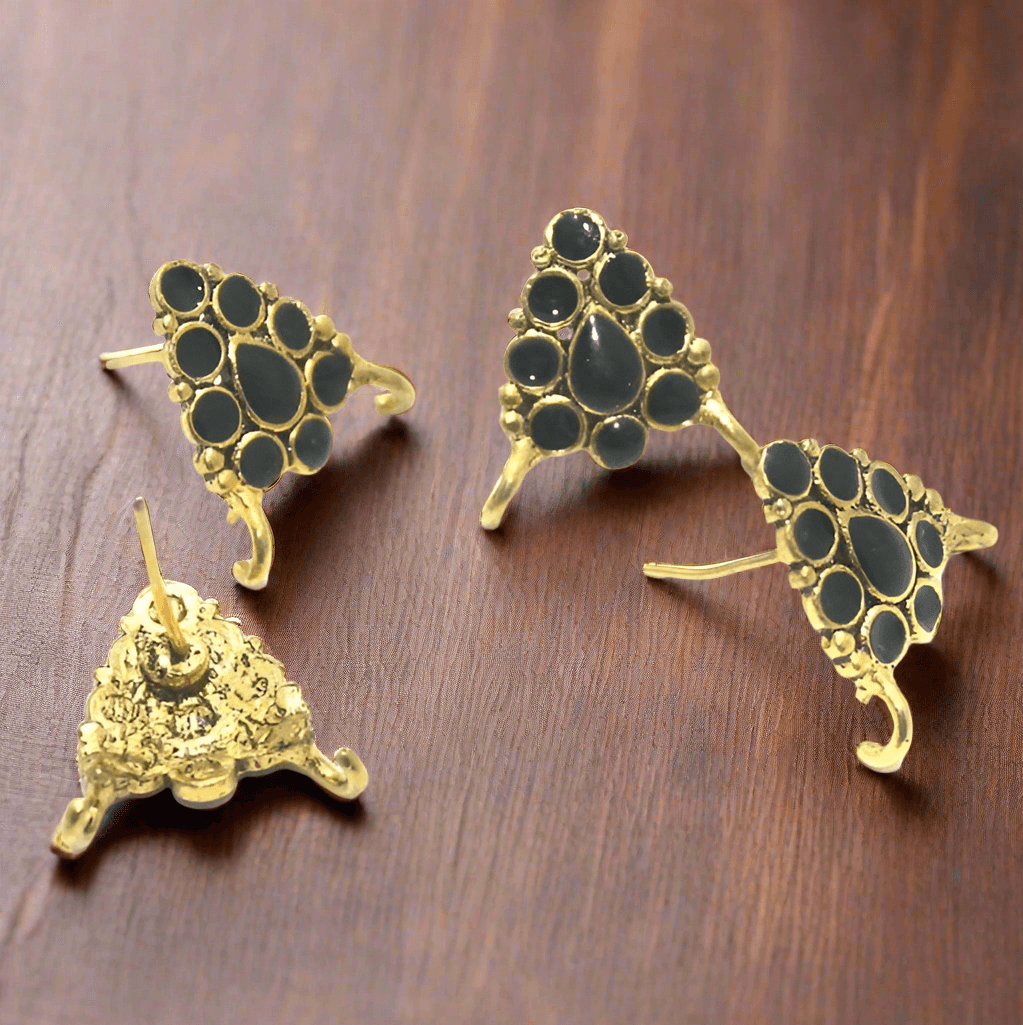 4 Pcs, 18x19mm German Silver Meenakari Earrings Components  Black - Golden / German Silver