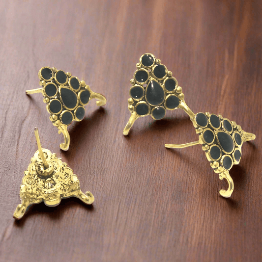 4 Pcs, 18x19mm German Silver Meenakari Earrings Components  Black - Golden / German Silver