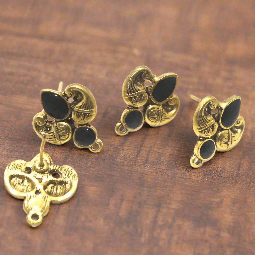 4 Pcs, 18x19mm German Silver Meenakari Earrings Components Black - Golden / German Silver
