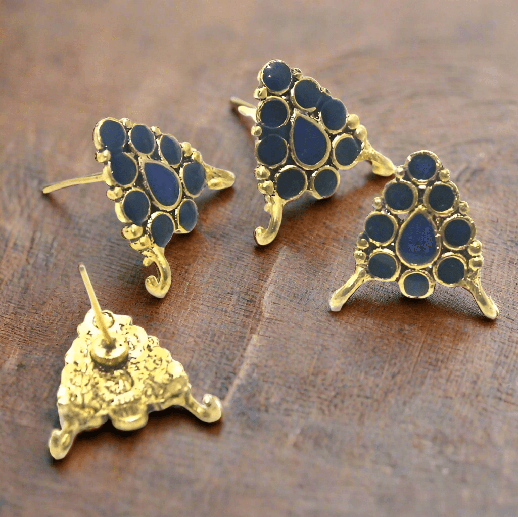 4 Pcs, 18x19mm German Silver Meenakari Earrings ComponentsBlue - Golden / German Silver