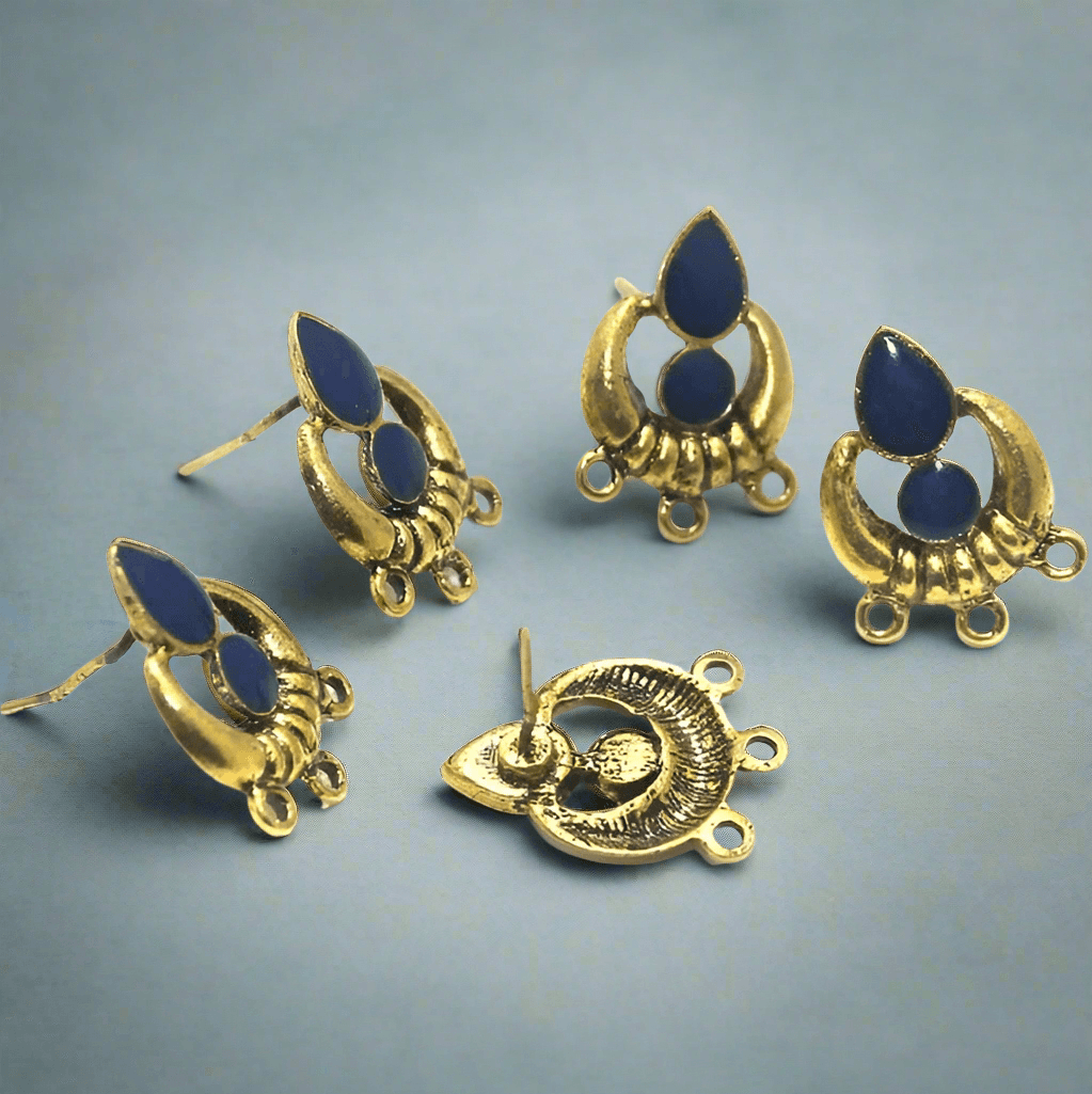 4 Pcs, 18x19mm German Silver Meenakari Earrings ComponentsBlue - Golden / German Silver