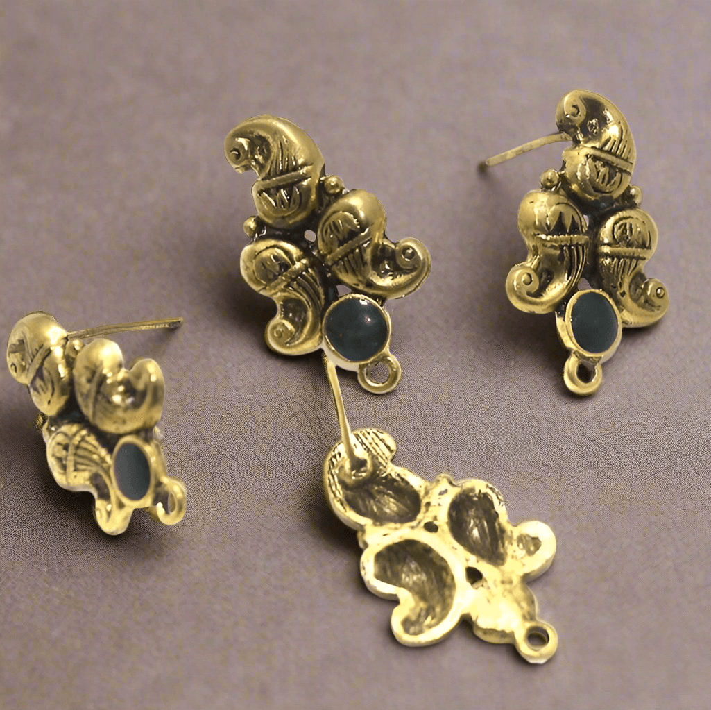 4 Pcs, 18x19mm German Silver Meenakari Earrings Components Black - Golden / German Silver