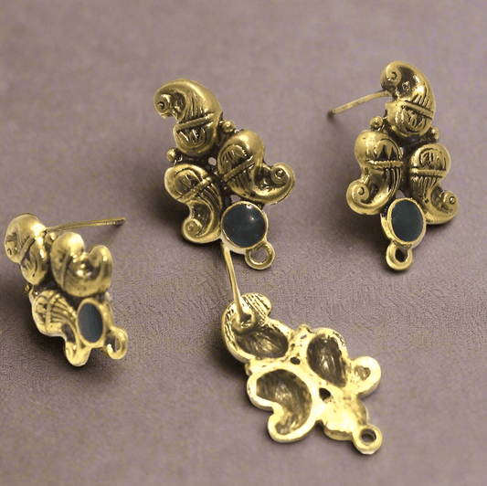 4 Pcs, 18x19mm German Silver Meenakari Earrings Components Black - Golden / German Silver