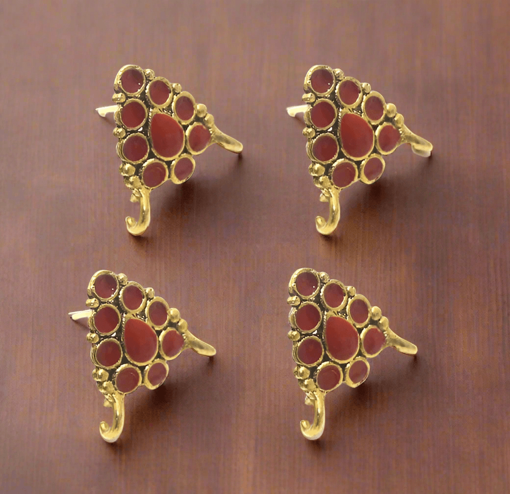 4 Pcs, 18x19mm  German Silver Meenakari Earrings Components Red - Golden / German Silver
