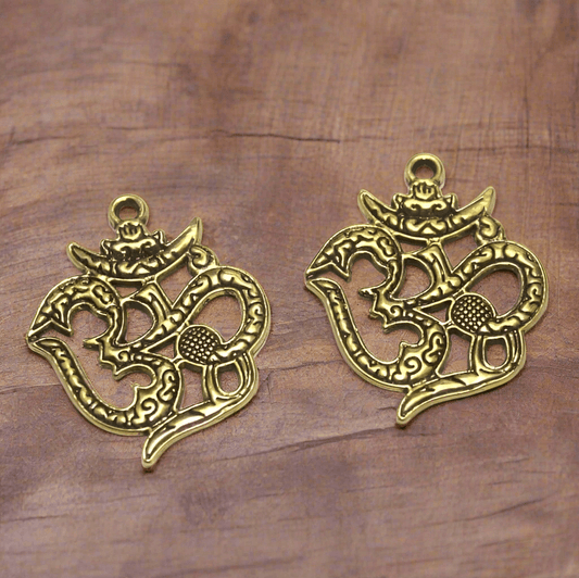 2 Pcs German Silver Golden Om Pendants 38x30 mm - Golden / German Silver