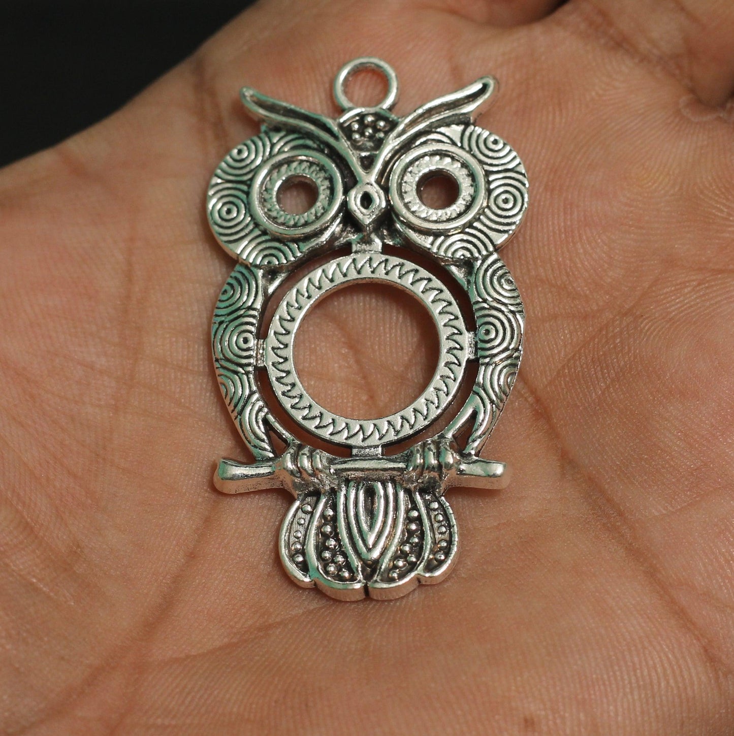 5 Pcs, 2 Inch German Silver Owl Pendant Base - German Silver / Silver / Figures