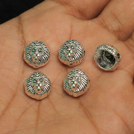 10 Pcs, 12mm German Silver Lion Face Spacer Beads - Silver / German Silver