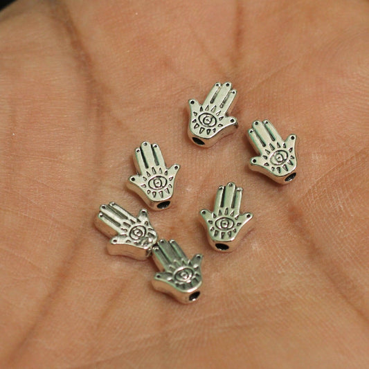 9x7mm German Silver Hamsa Hand Spacer Beads - Silver / German Silver / 10 Pcs