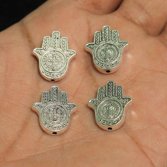 19x16mm German Silver Hamsa Hand Spacer Beads - Silver / German Silver / 10 Pcs
