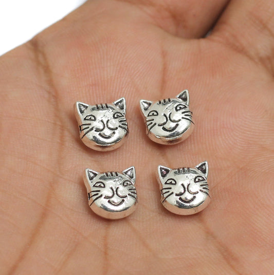 10mm, Cat Face German Silver Beads - Silver / German Silver / 50g