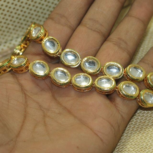 15 Pcs, 12mm Golden Meenakari Kundan Kadi Chain - Golden / Kundan / Oval