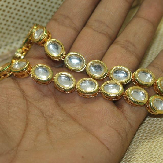 15 Pcs, 12mm Golden Meenakari Kundan Kadi Chain - Golden / Kundan / Oval