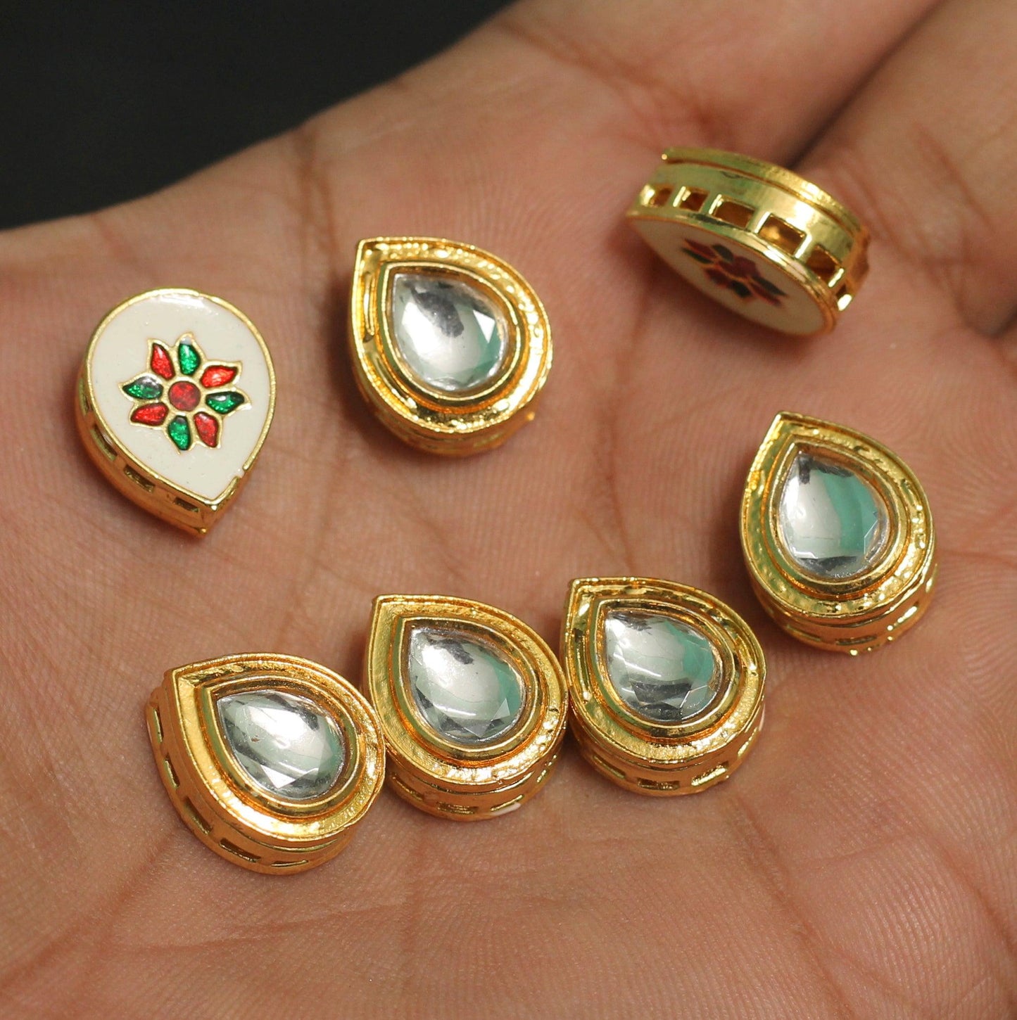 16x13mm, Kundan Connectors Golden - Golden / Kundan / 10 Pcs