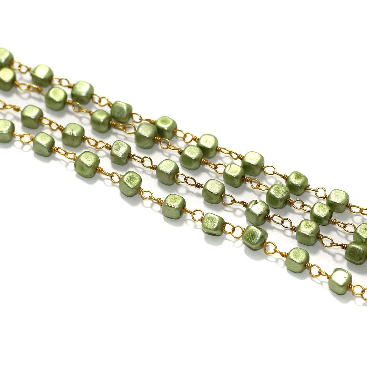 Glass Beaded Chain Square 4mm - Green / Glass