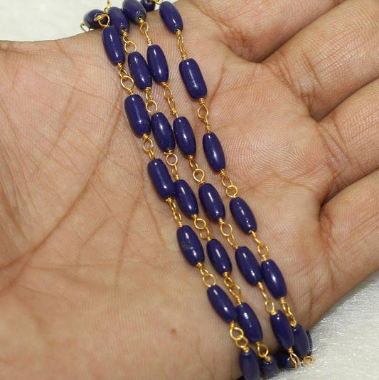 1 Mtr, 9x4mm Purple Oval Glass Beaded Chain - Purple / Glass