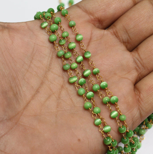 4mm Round Glass Cats Eye Beaded Chain - Green