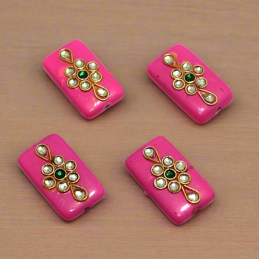 12 Pcs 25x14mm Rectangle Kundan Beads - Pink / Glass