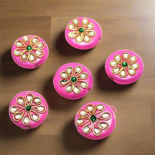 20 Pcs 18x18mm Round Disc Kundan Beads - Pink / Glass