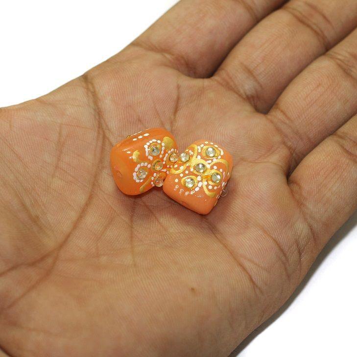 5 Pcs, 17x13mm Handpainted Kundan Work Tumble Beads - Orange / Glass