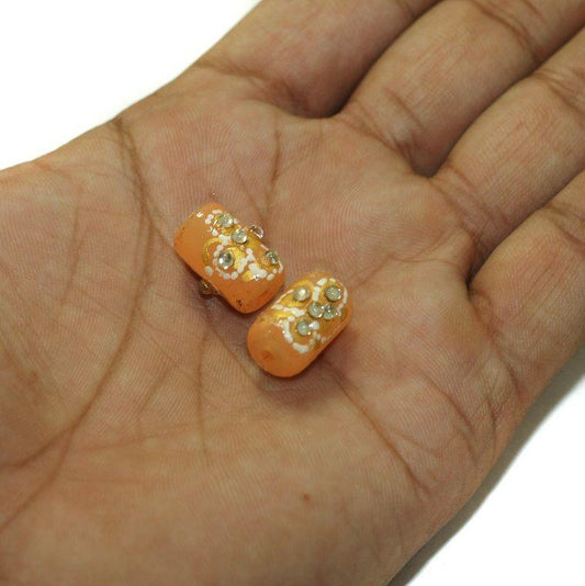 5 Pcs, 16x10mm Handpainted Kundan Work Tube Beads - Orange / Glass