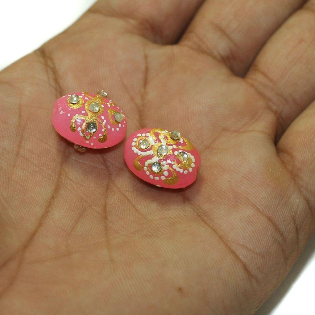 5 Pcs, 17x12mm Handpainted Kundan Work Oval Beads - Peach / Glass